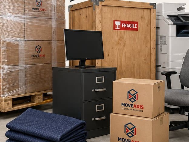 A wrapped pallet, a crate marked fragile, a printer and office boxes ready for collection