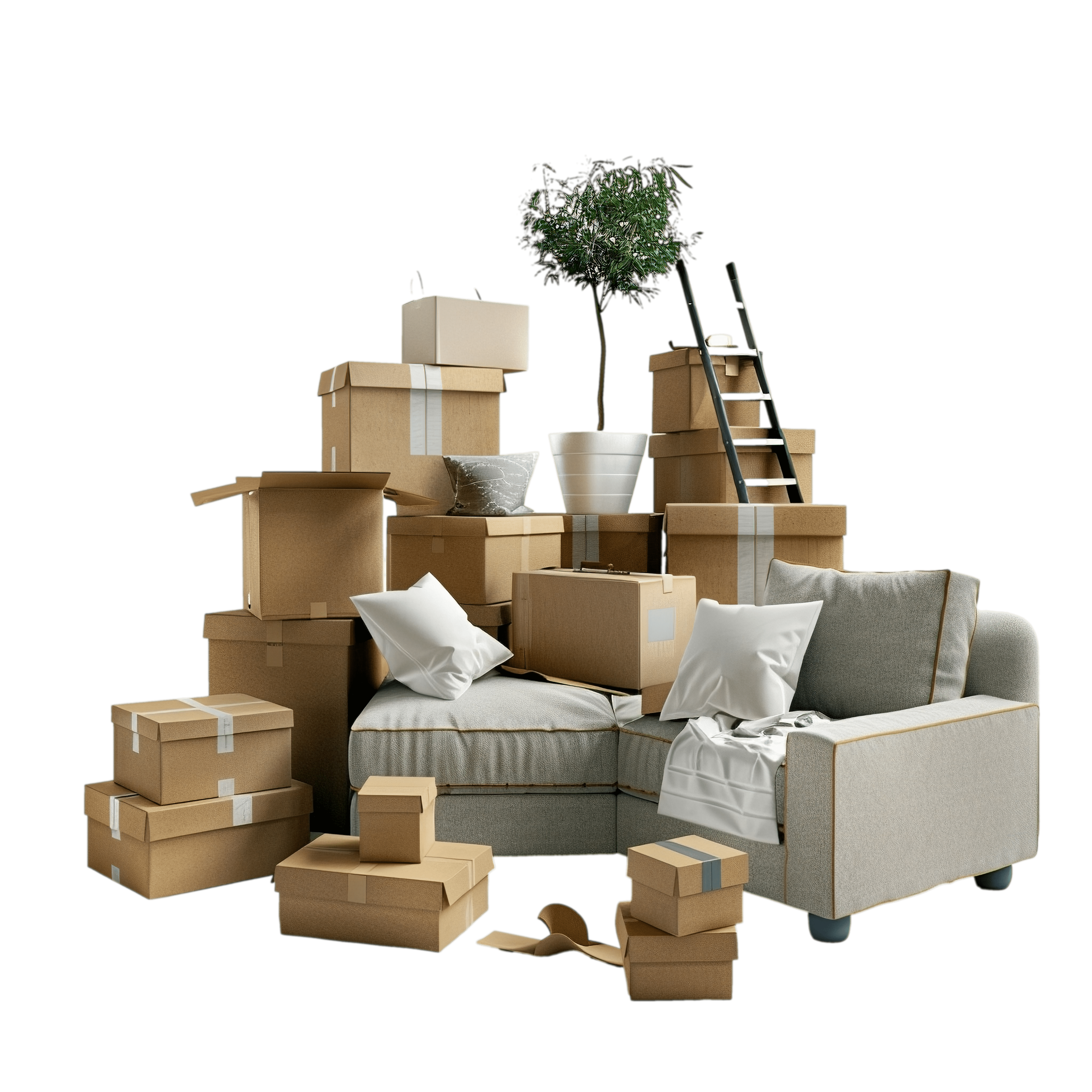 Sofa, house plant and packed boxes for MoveAxis home removals