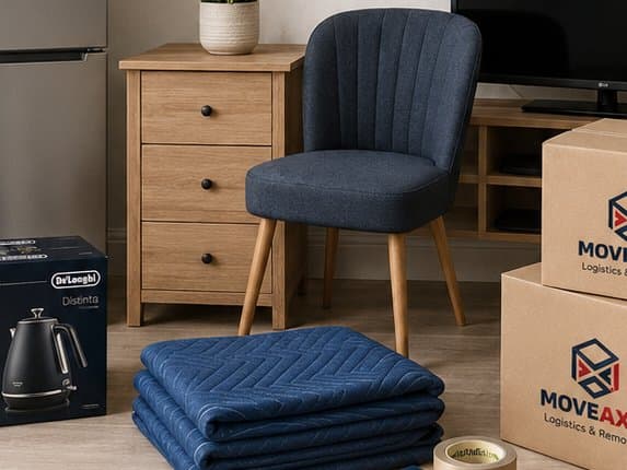 An armchair, drawers and a boxed kettle waiting for collection in a living room