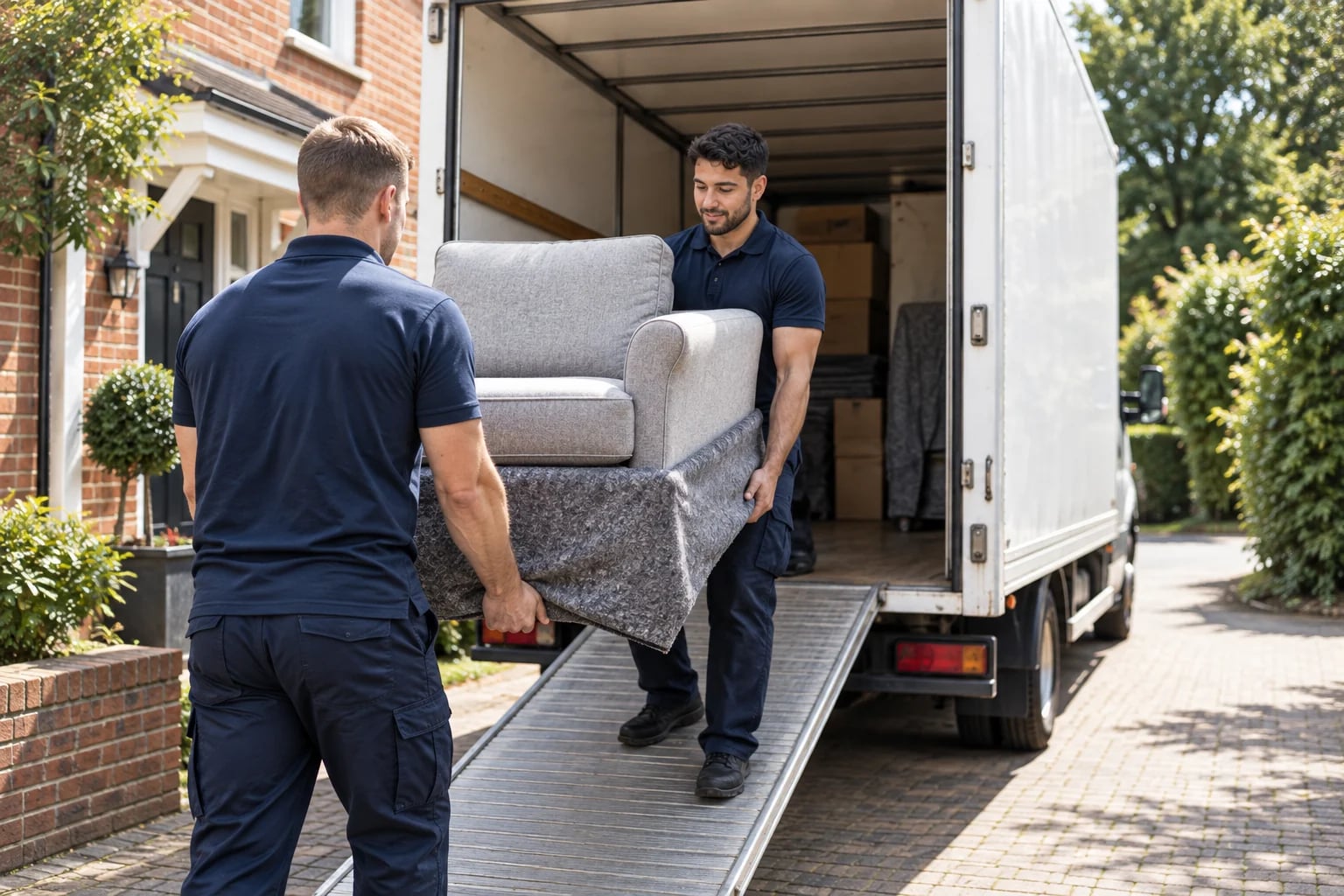 Removal crew carefully collecting an armchair from a home beside a white box van