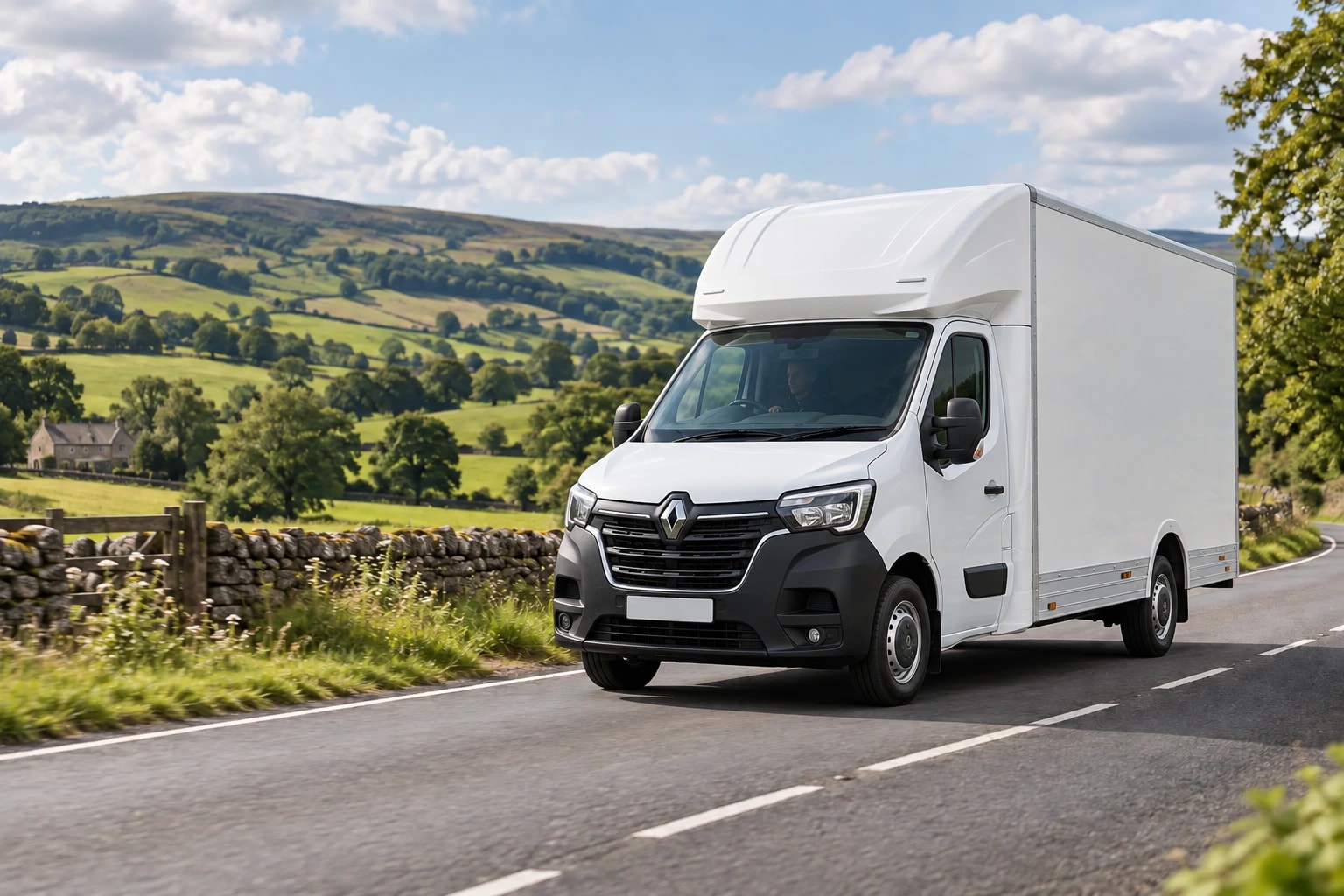 White Renault Master box van travelling through the countryside