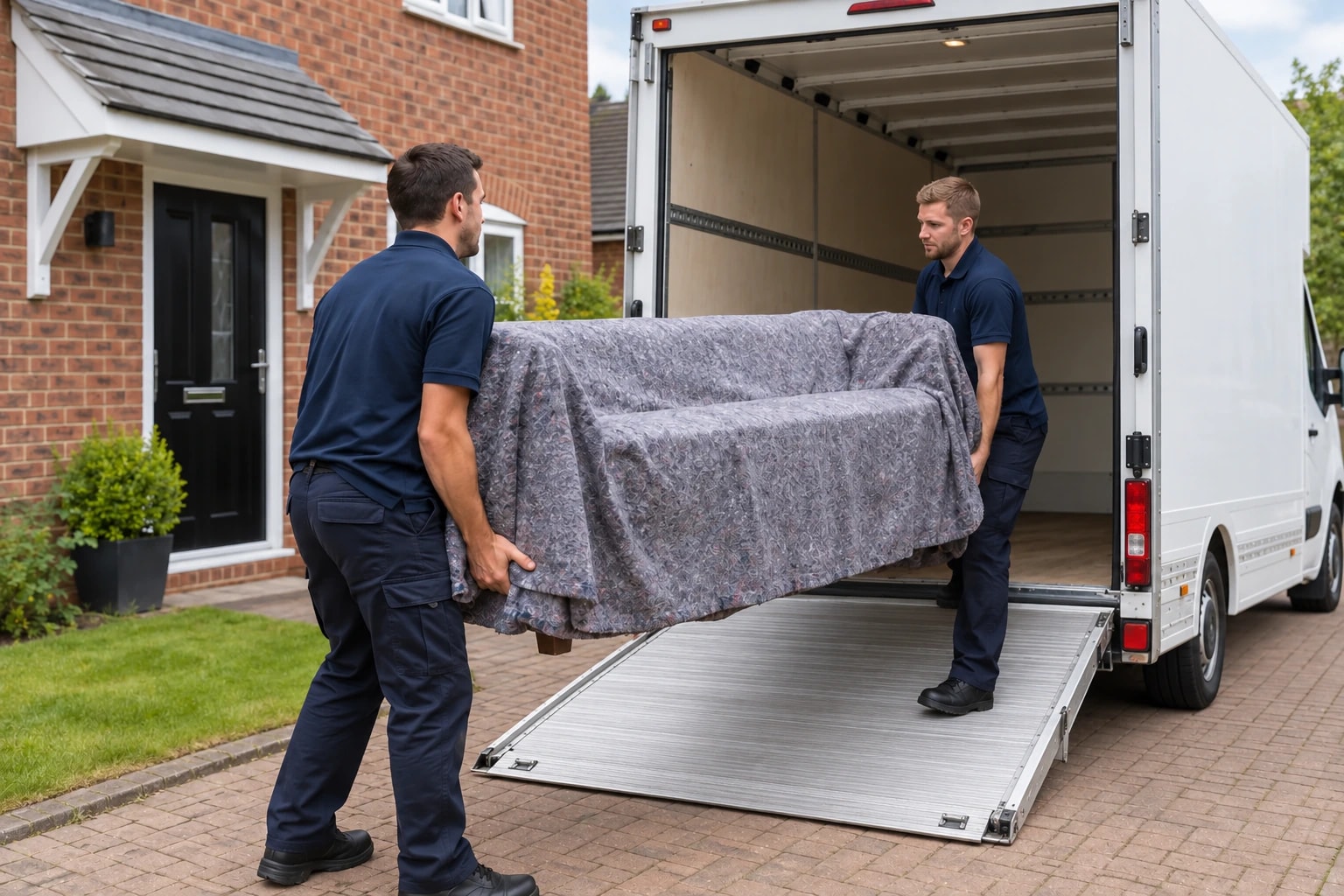 Two-person crew carrying a protected sofa into a removals van