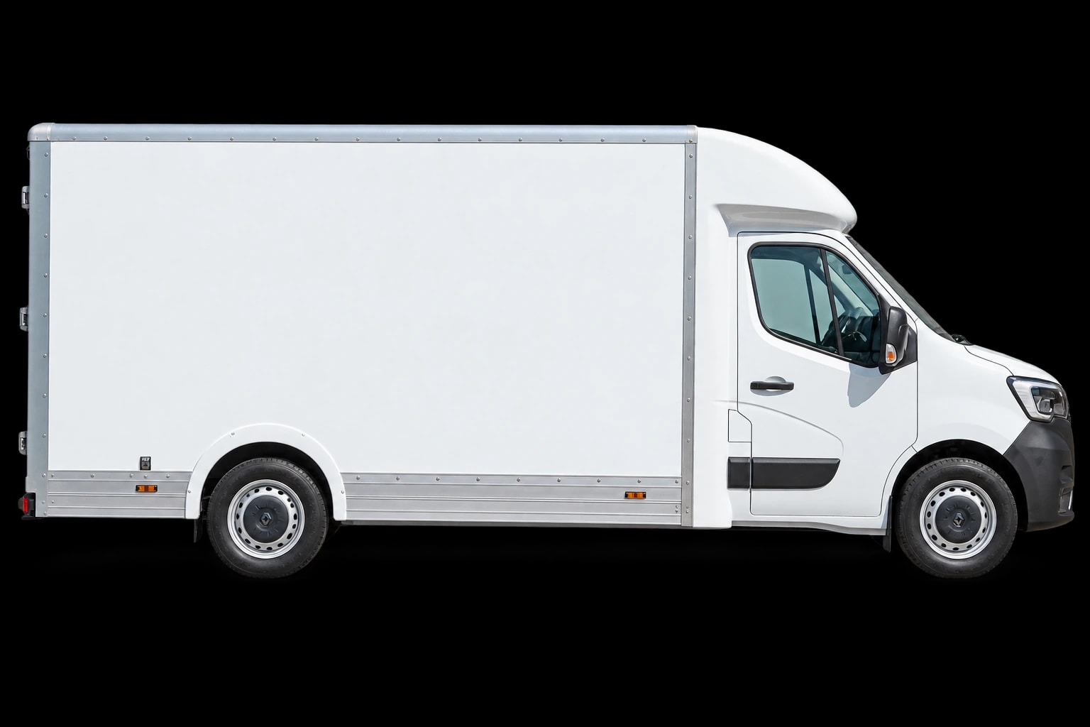 Side profile of a white Renault Master low-loader box van