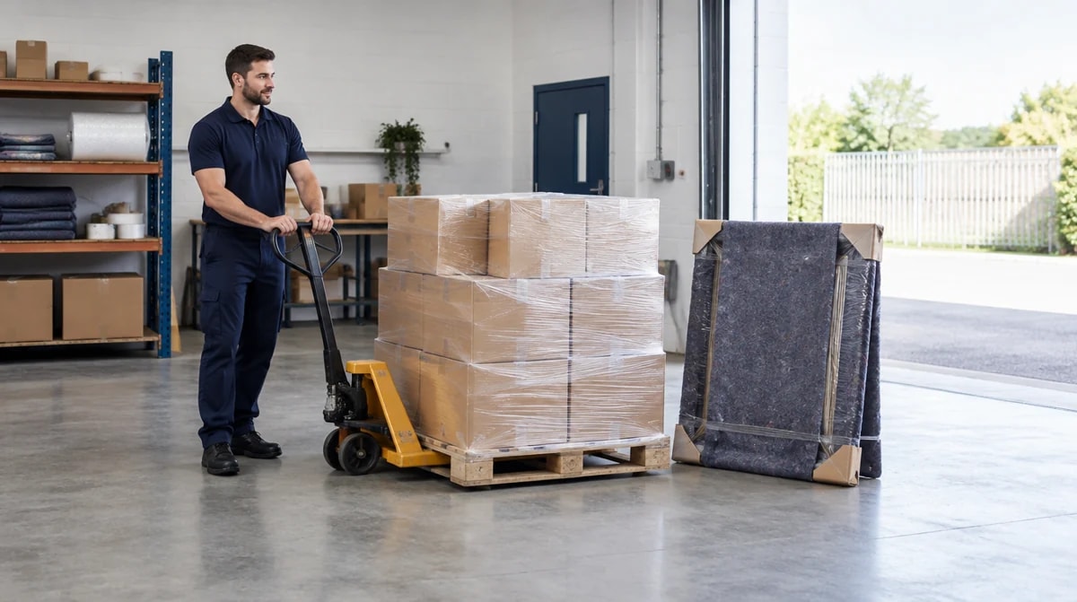 A pallet of wrapped boxes and a pallet truck in a warehouse
