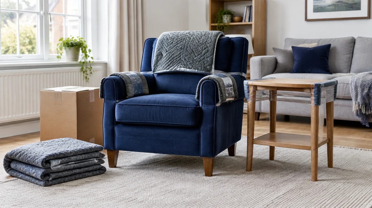 An armchair and household furniture ready for collection