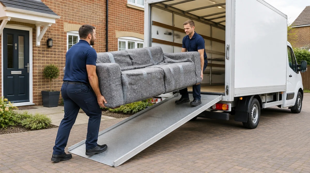 Two movers carrying a blanket-wrapped sofa into a van