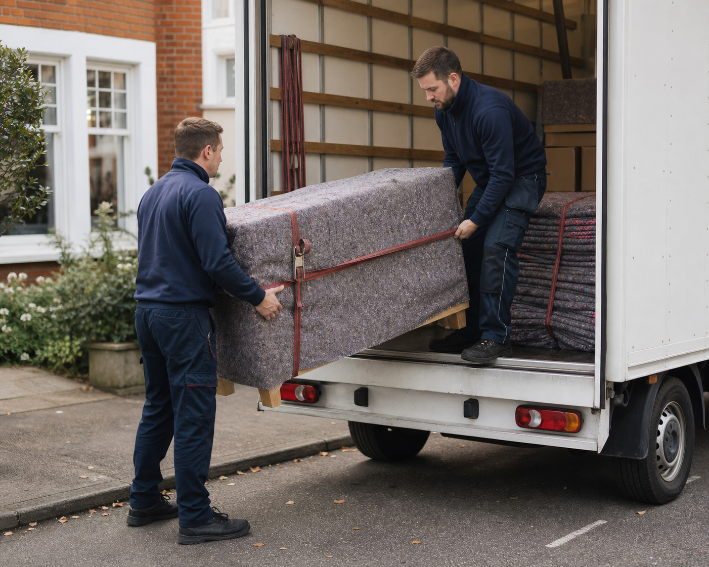 Two MoveAxis crew members carefully loading blanket-wrapped furniture into a van