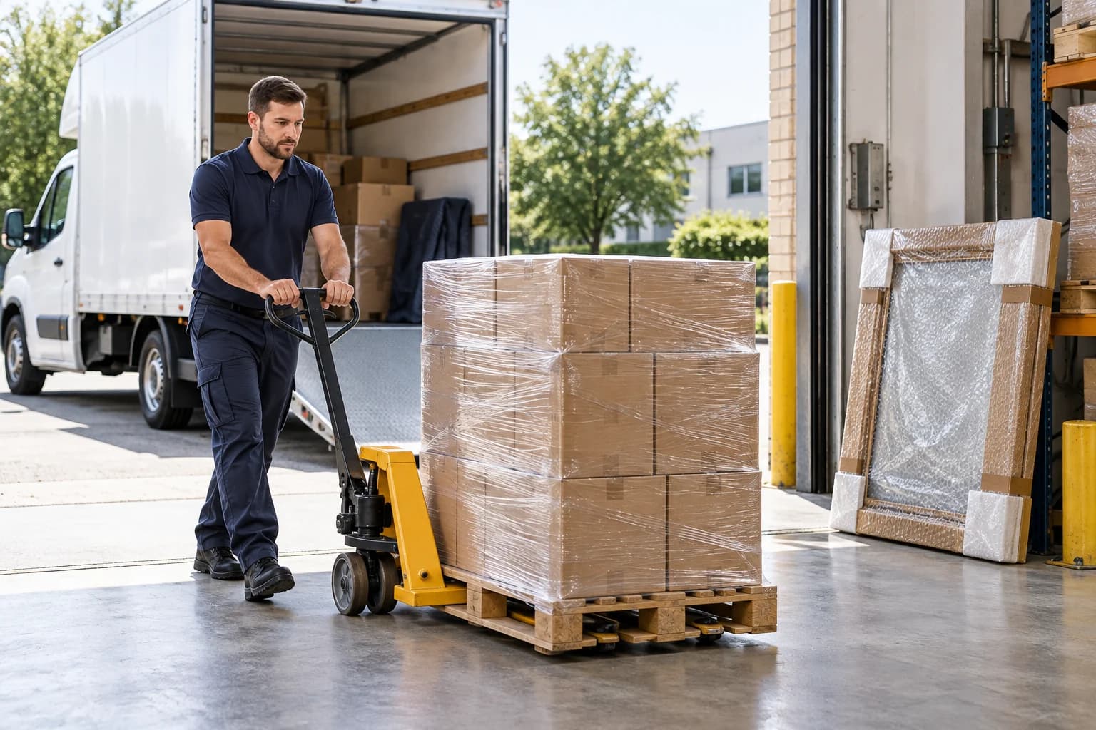 A warehouse collection with wrapped pallets and a pallet truck