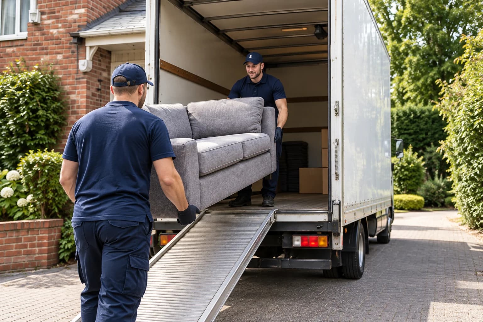 Two removal crew members carrying a sofa into a van