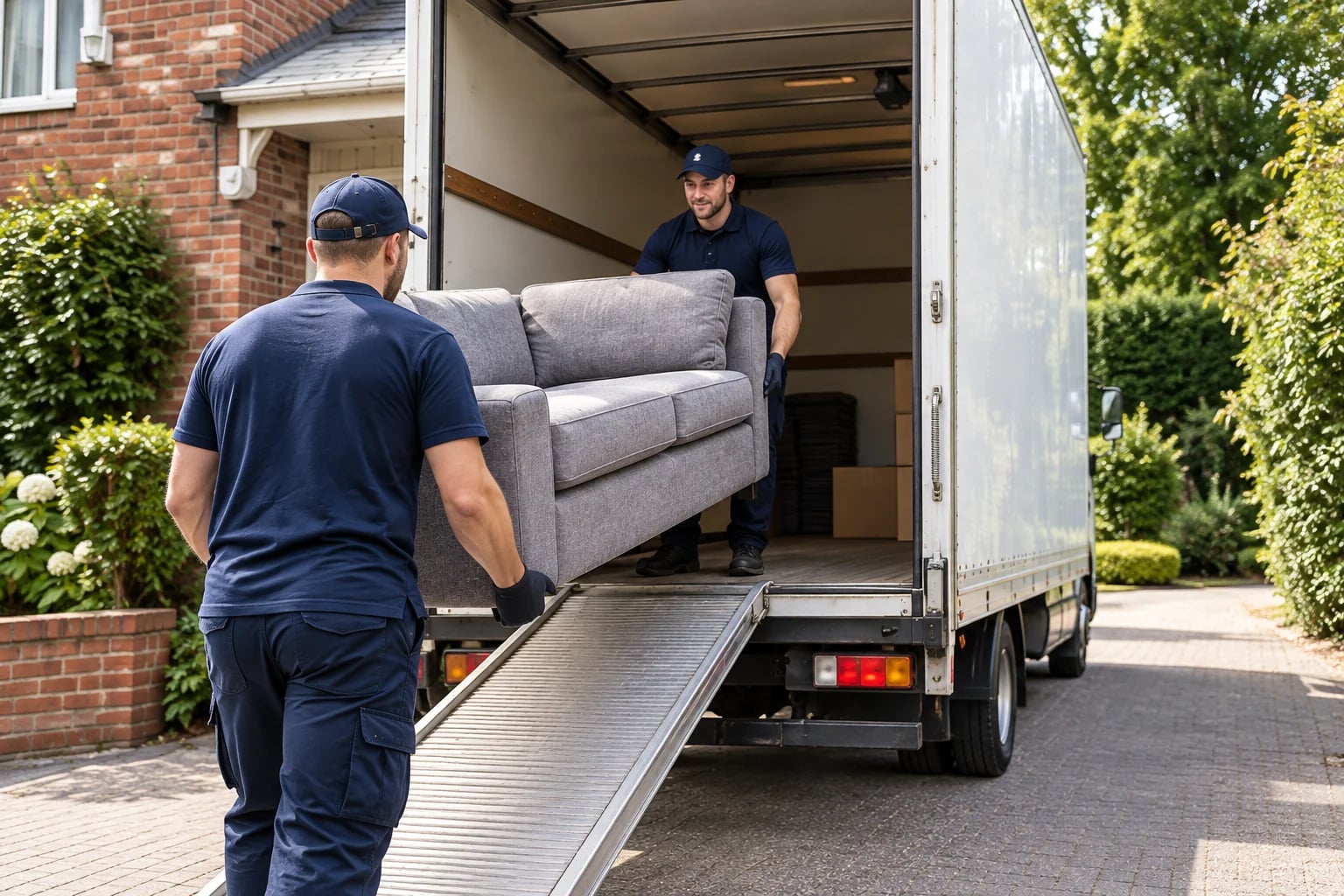 Two removal crew members loading a sofa into a white box van outside a home