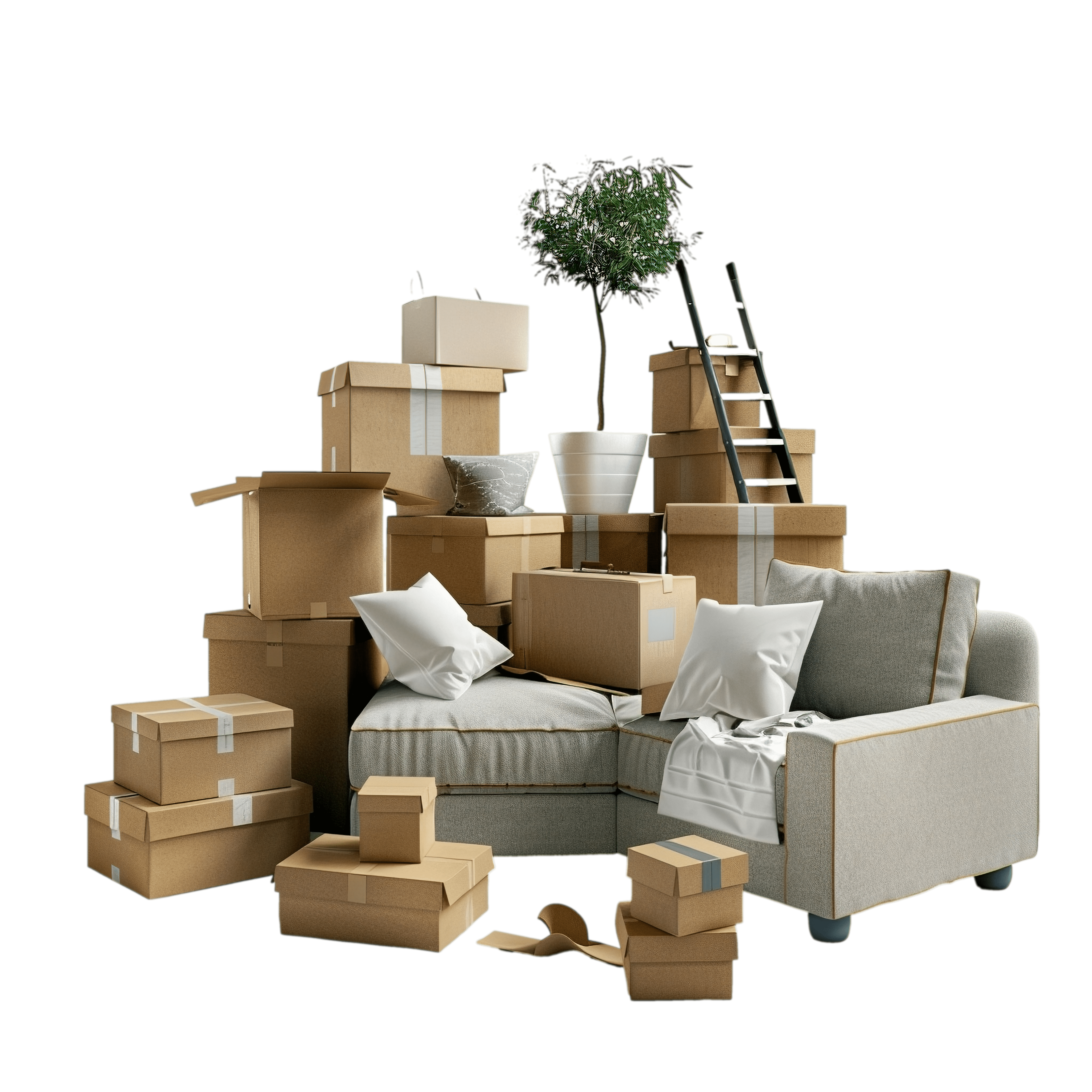 Sofa, house plant and packed boxes for MoveAxis home removals